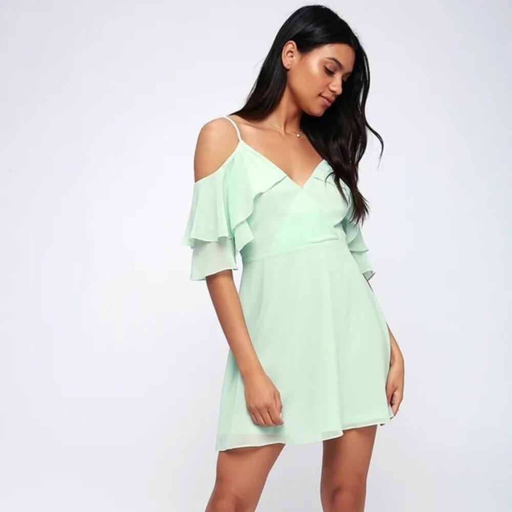 Lulus Mini Skater Dress M Off the Cold Shoulder Ruffle Fit & Flare Mint Green
